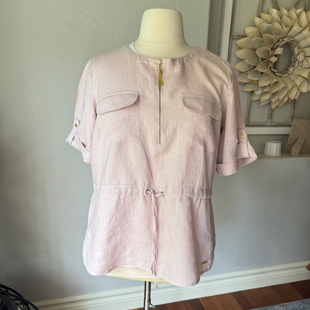 Ellen Tracy Top Women's Short Sleeve‎ Light Pink Linen Blouse Size XL